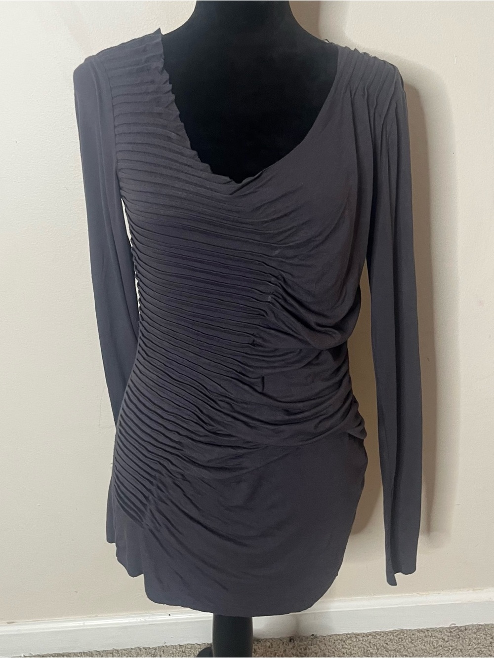 Vivienne Tam Charcoal Gray Ruched Pleated Asymmetric Long-Sleeve Tunic Top Sz M